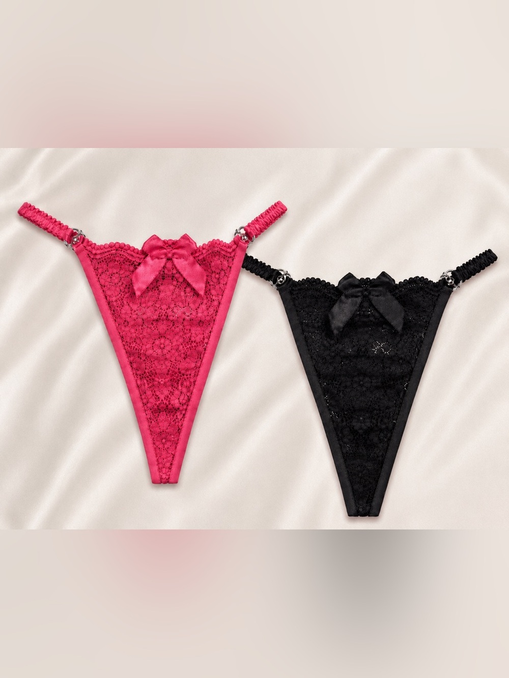 2-Pack Knitted Lace Thong Set Pink & Black Low Rise Stretch Lingerie NWOT